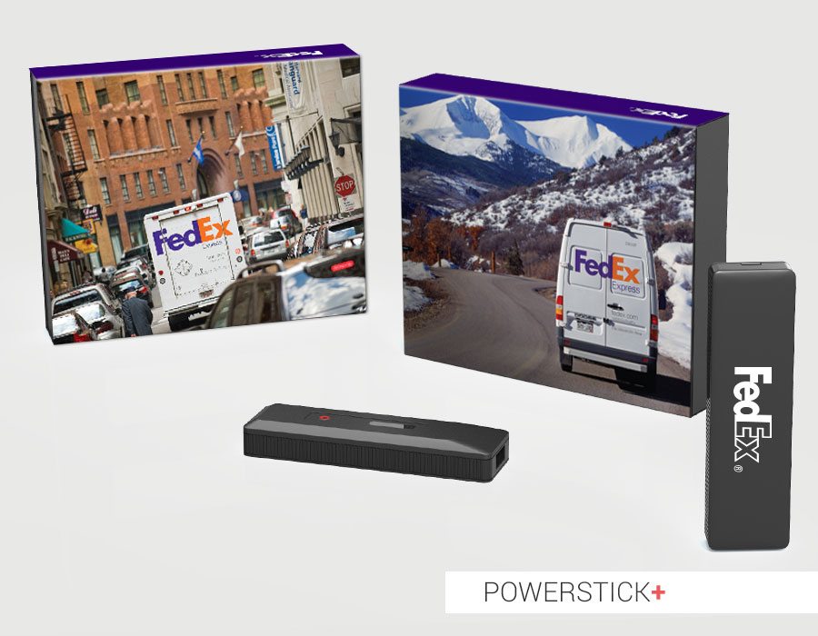 Black PowerStick+ mobile phone charger with Fedex packaging