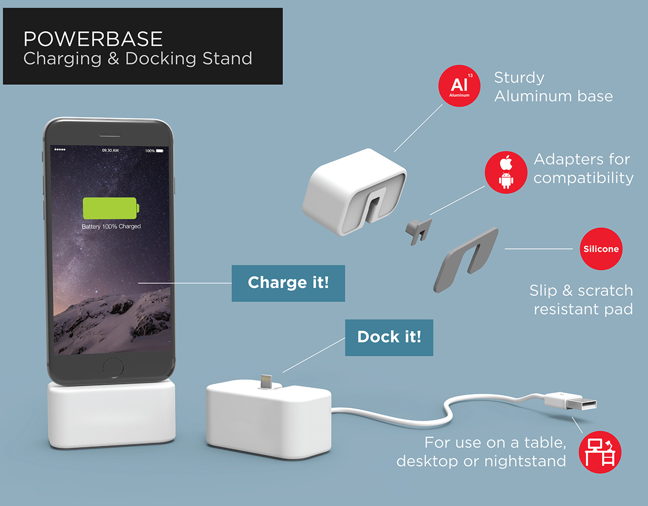 PowerBase charging dock with icons