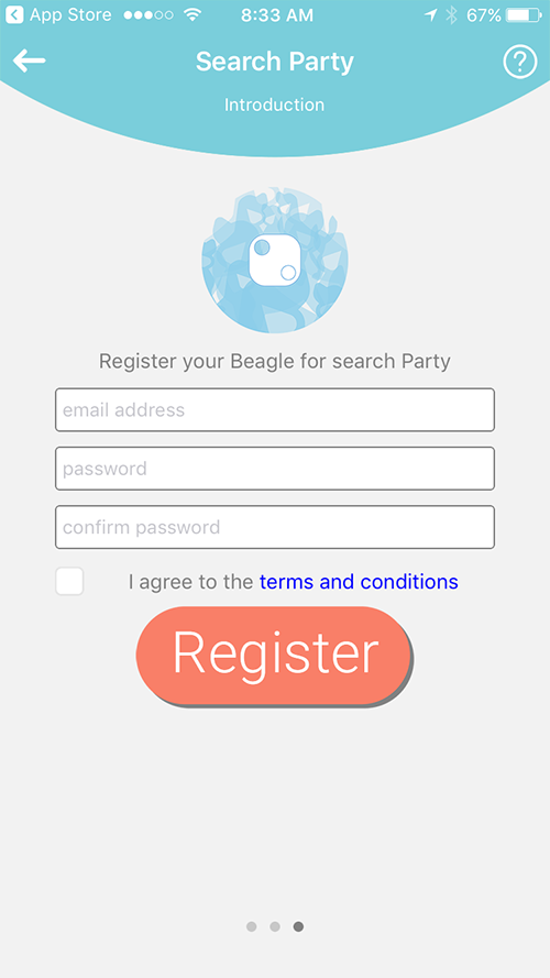 Search Party Registration App Screen